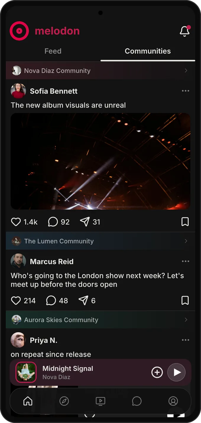 Artist community on Melodon — a music social network for fans