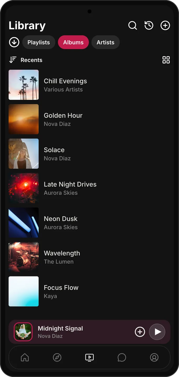Music library — playlists and liked tracks on Melodon