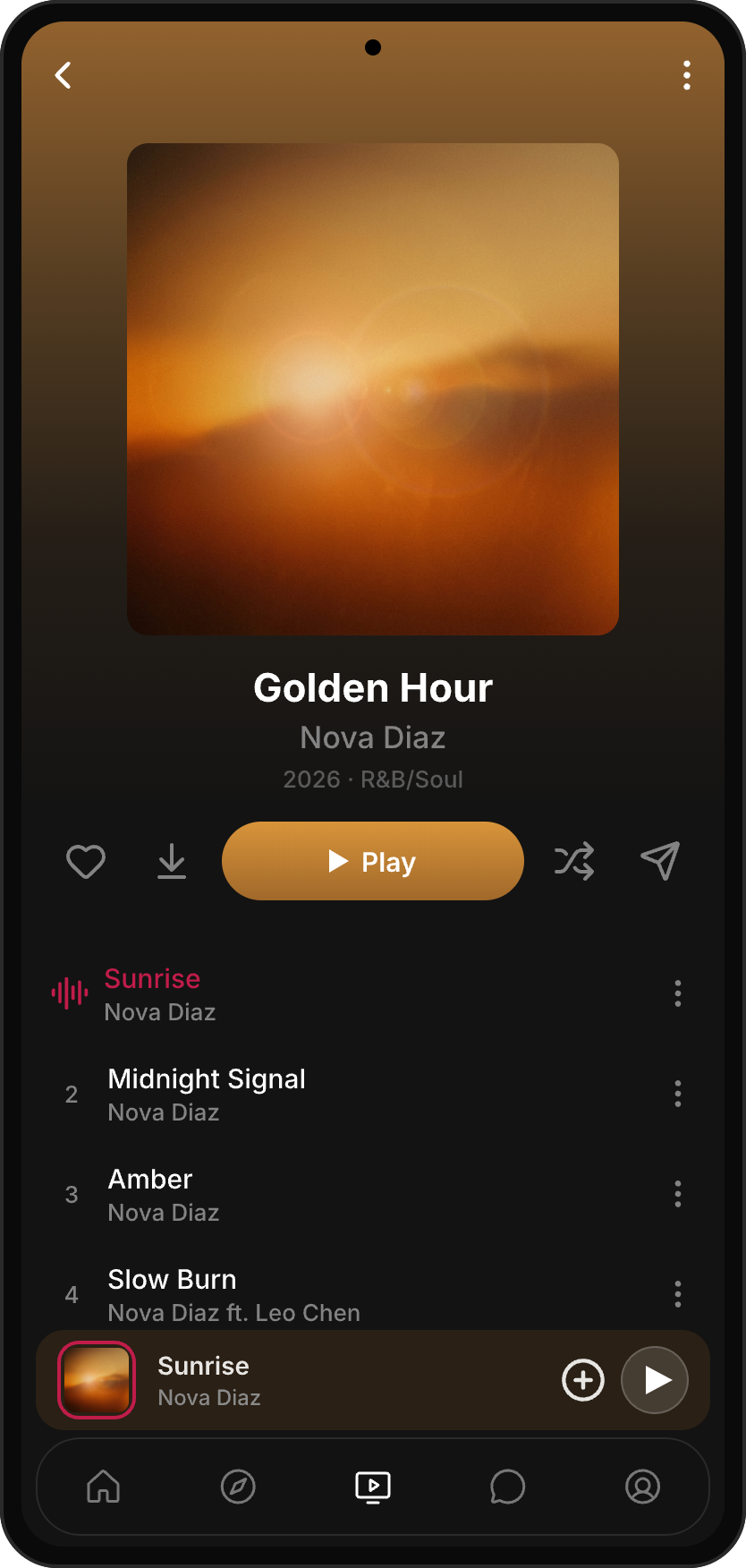 Melodon music app — album release page with artwork, tracklist, and now-playing bar