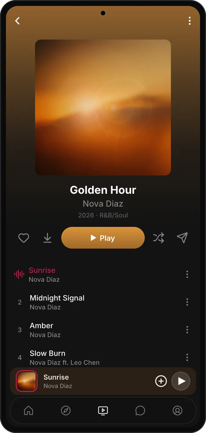 Melodon music app — album release page with artwork, tracklist, and now-playing bar